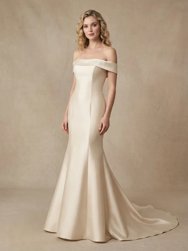 Novalie — Champagne Satin Fit & Flare Wedding Dress with Flutter Sleeves - 1