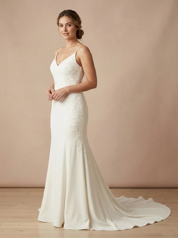 Wrenley — Ivory Embroidered Fit & Flare Wedding Dress with Flutter Sleeves - 1