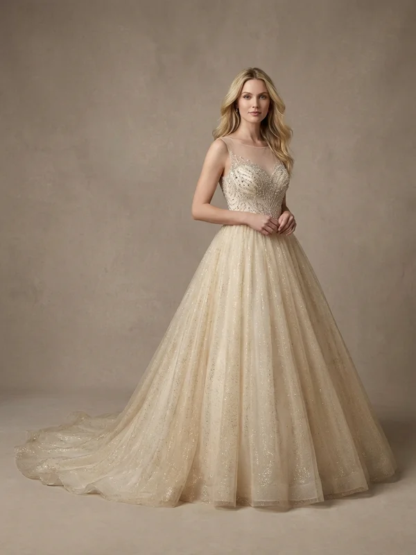 Ophelia — Gold Tulle Ball Gown Wedding Dress with Sparkle Bodice - 1