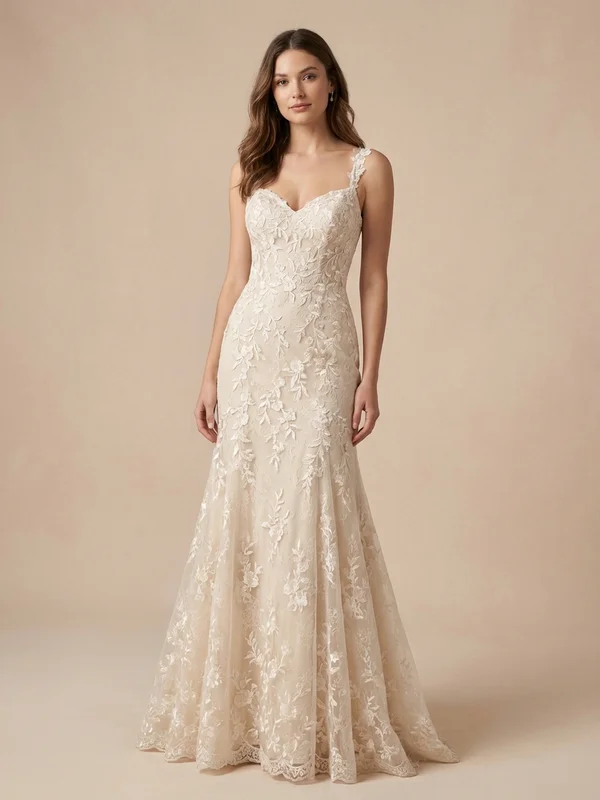 Wisteria — Champagne Lace Garden Wedding Dress with Open Back - 1
