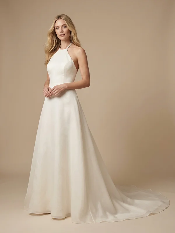 Elara — Ivory Organza Halter Neck Wedding Dress with Ruched Bodice - 1