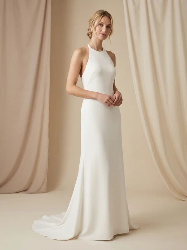 Thalassa — White Crepe Halter Neck Wedding Dress with Minimalist Train - 1