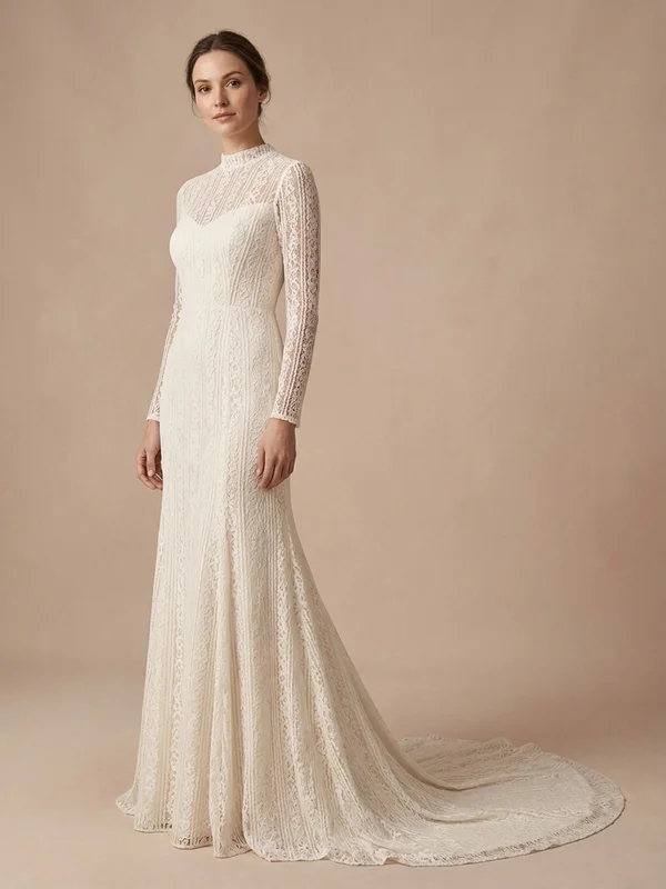 Seraphine — Ivory Lace High Neck Wedding Dress with Long Sleeves - 1