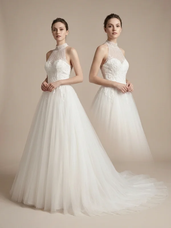 Ophelia — White Tulle High Neck Wedding Gown with Beaded Collar - 1