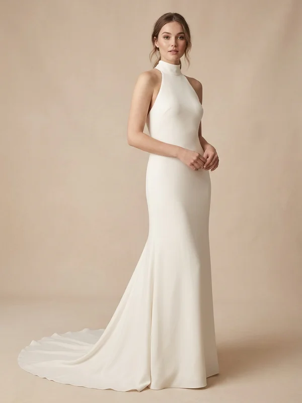Theodora — Ivory Crepe High Neck Wedding Gown with Cap Sleeves - 1