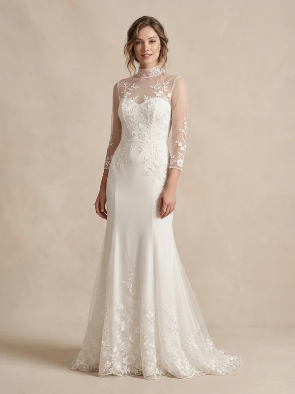 Aurelie — White Embroidered High Neck Wedding Dress with Sheer Sleeves - 1