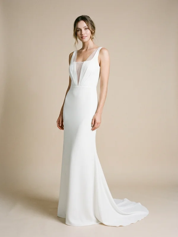 Cassandra — White Sheer Panel Illusion Back Wedding Gown with Modern Lines - 1