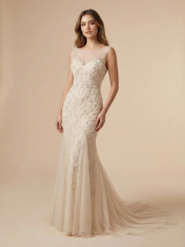 Ophelia — Champagne Beaded Illusion Back Wedding Gown with Cap Sleeves - 1