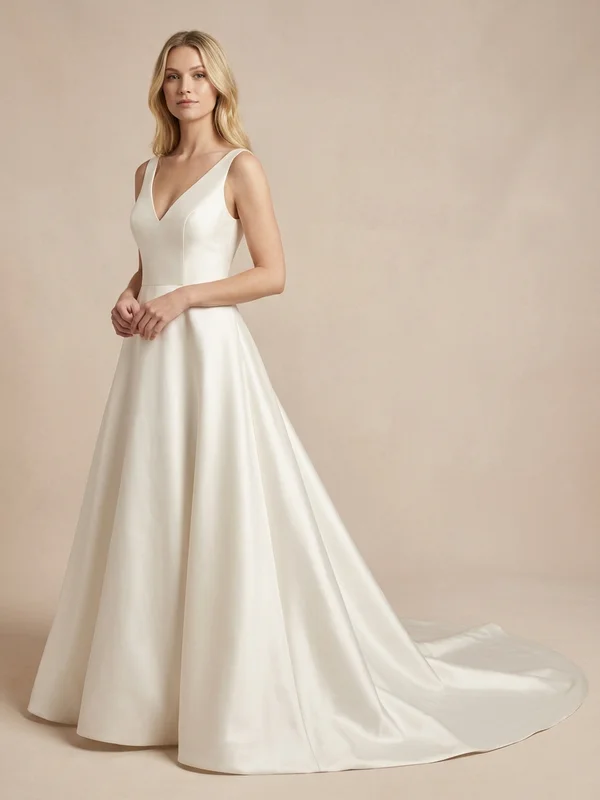Celestine — Ivory Satin A-Line Wedding Dress with V-Neckline - 1