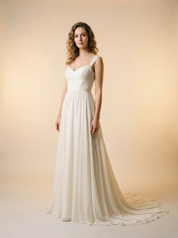 Rosalind — Ivory Chiffon Empire Waist Wedding Dress with Flutter Sleeves - 1