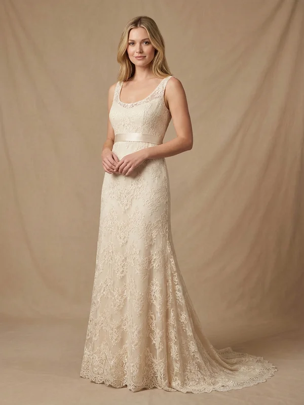 Arabella — Champagne Lace Empire Waist Wedding Dress with Cap Sleeves - 1