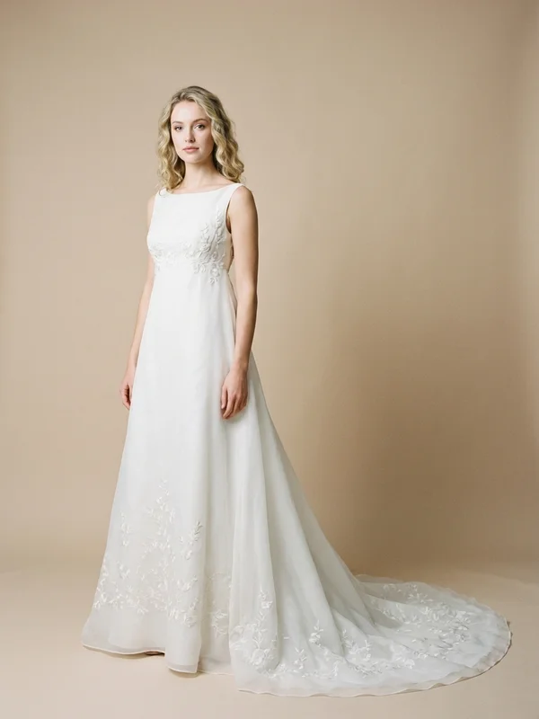 Theodora — White Organza Empire Waist Wedding Gown with Floral Embroidery - 1
