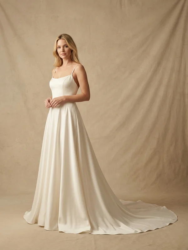 Seraphina — Ivory Satin Spaghetti Strap Wedding Dress with Cowl Back - 1