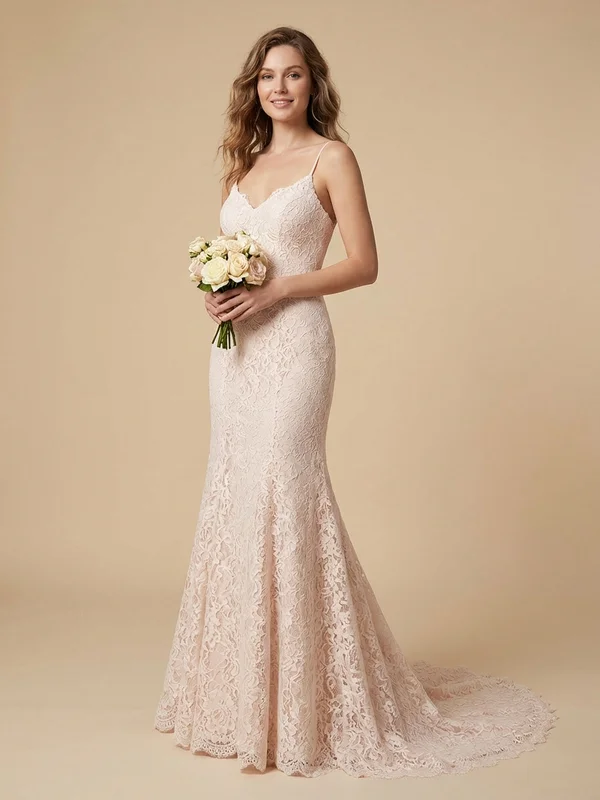 Celestine — Blush Lace Spaghetti Strap Wedding Dress with Low Back - 1