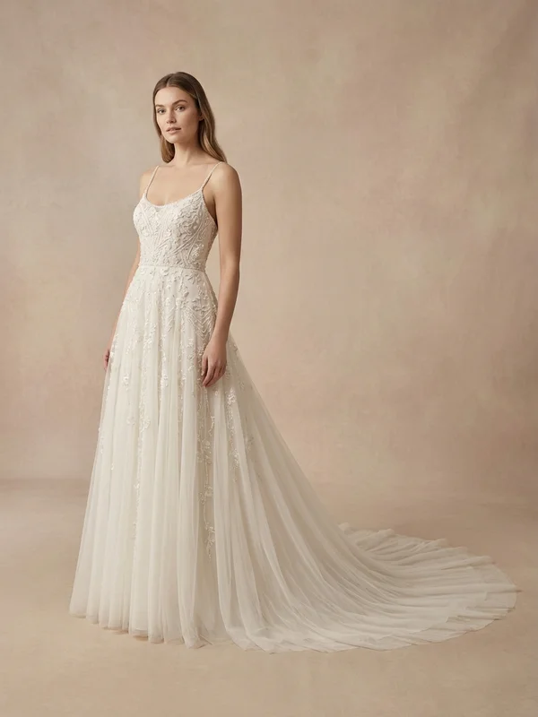 Eleanora — Ivory Beaded Spaghetti Strap Wedding Gown with Cathedral Train - 1