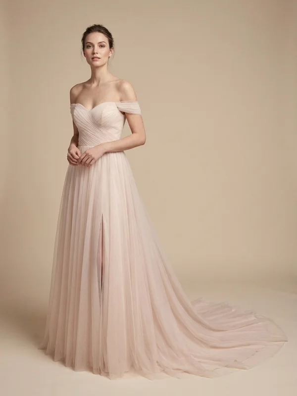 Juliette — Blush Tulle Thigh Slit Wedding Gown with Off-Shoulder Sleeves - 1