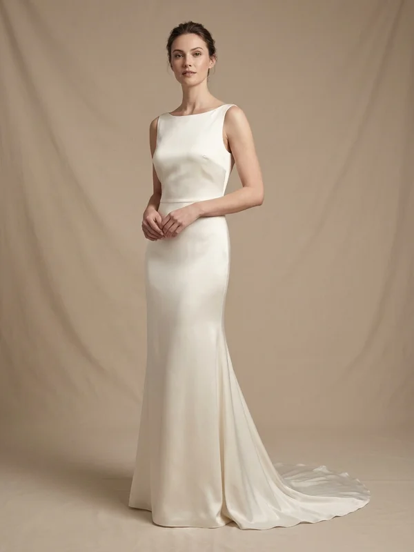 Camille — Ivory Silk Satin Sheath Wedding Dress with Cowl Back - 1
