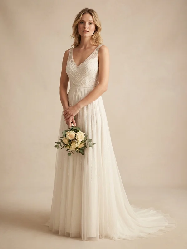 Juliette — Ivory Beaded Tulle Cowl Back Wedding Dress with Cap Sleeves - 1