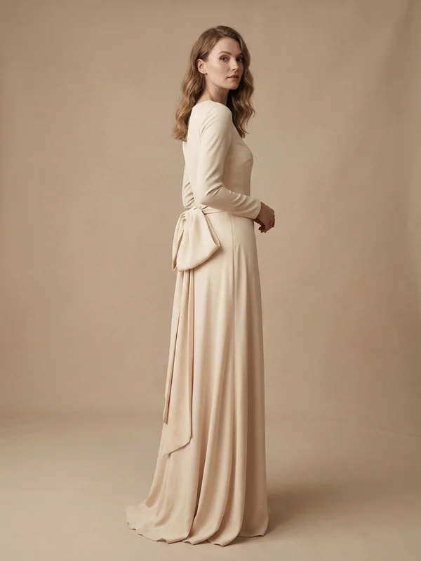 Valentina — Champagne Crepe Sheath Wedding Dress with Removable Bow Train - 1