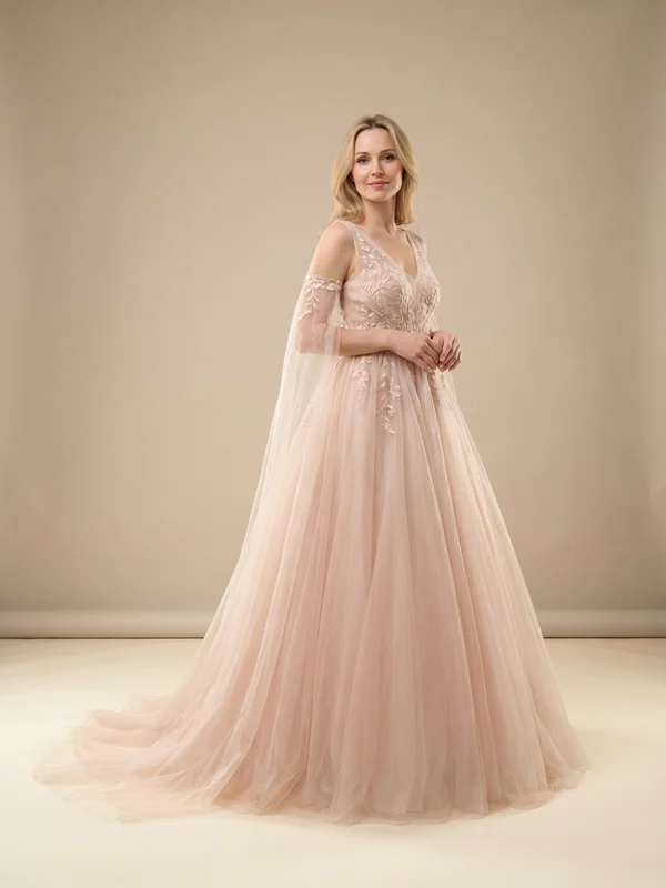 Rosalind — Blush Tulle Ball Gown Wedding Dress with Detachable Sleeve Train - 1