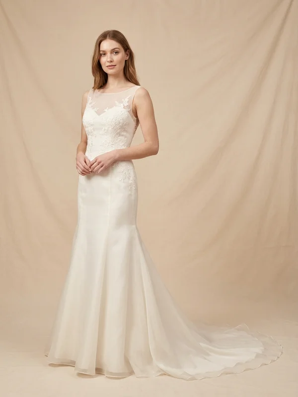 Margaux — Ivory Organza Fit & Flare Wedding Gown with Removable Chapel Train - 1