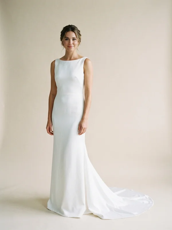 Haven — White Satin Minimalist Wedding Gown with Cowl Back - 1