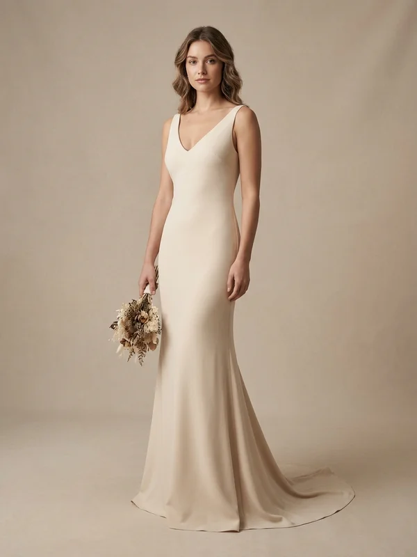 Aura — Champagne Crepe Minimalist Wedding Dress with Thigh Slit - 1