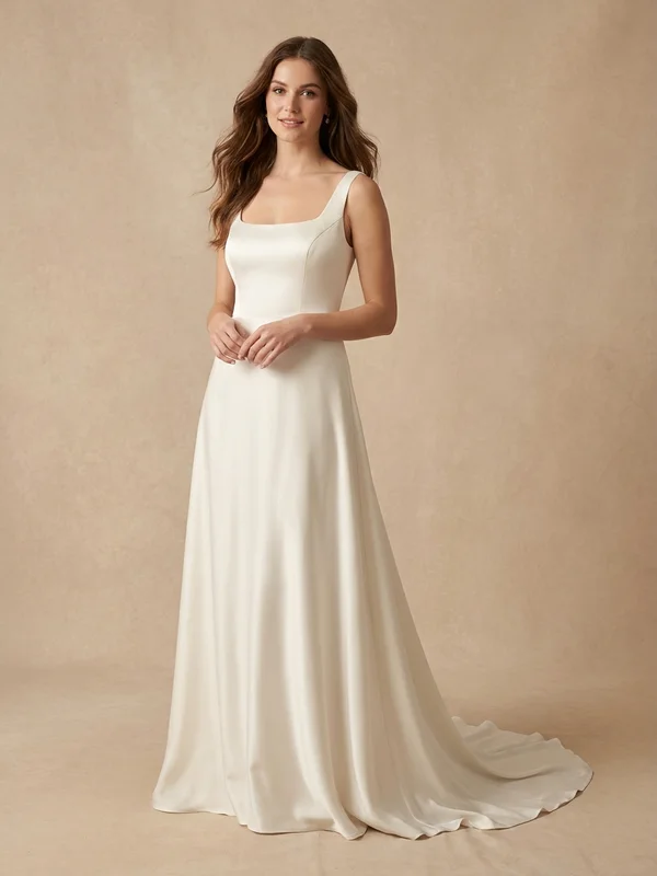 Soleil — Ivory Silk Minimalist Wedding Gown with Square Neckline - 1