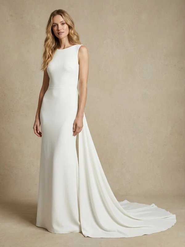 Nova — White Crepe Minimalist Wedding Dress with Open Back - 1
