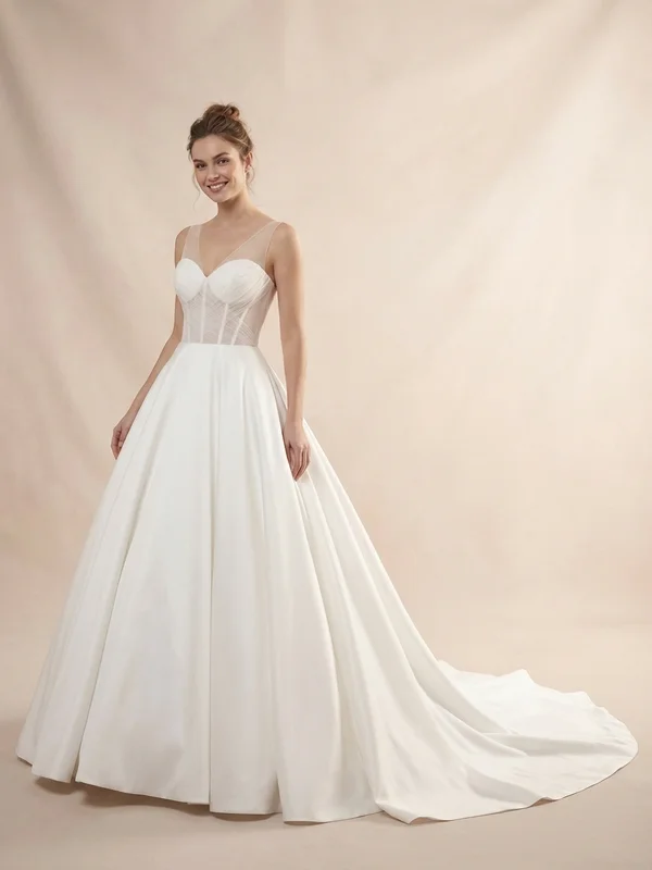 Celestine — White Satin Winter Wedding Gown with Illusion Sleeves - 1