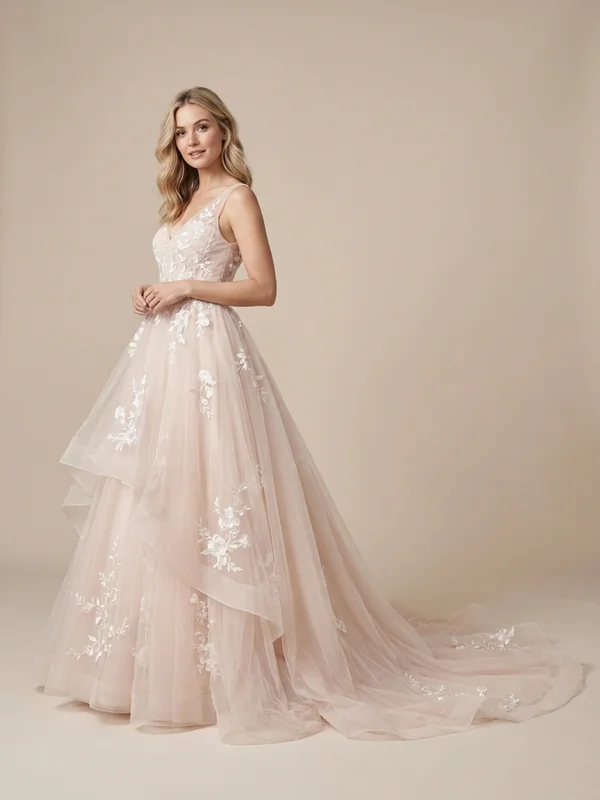 Arabella — Blush Tulle Ball Gown Wedding Dress with Keyhole Back - 1