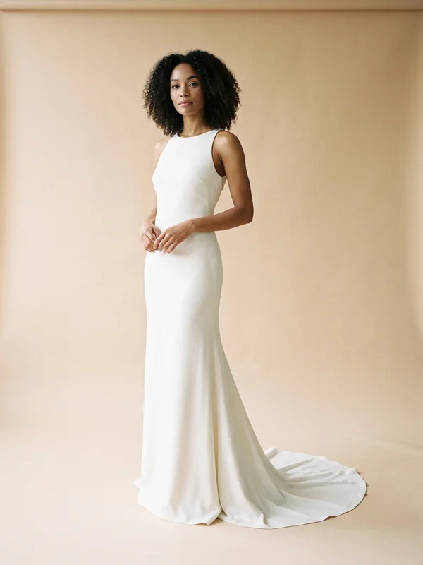 Cecilia — Ivory Crepe Sheath Wedding Gown with Keyhole Back - 1