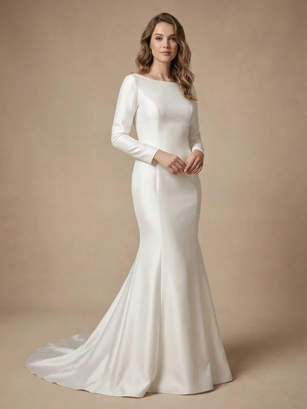 Genevieve — White Satin Mermaid Wedding Gown with Keyhole Back - 1