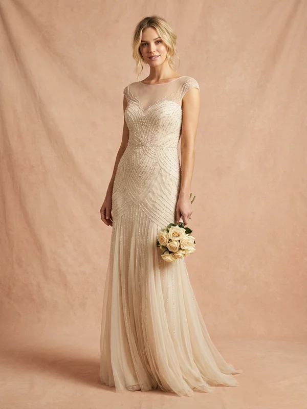Thalia — Champagne Beaded Fit & Flare Wedding Dress with Keyhole Back - 1