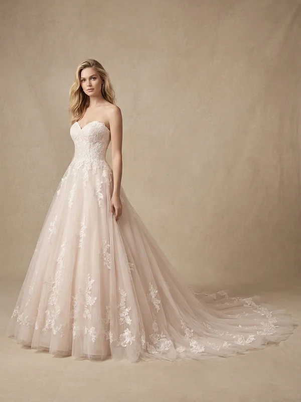 Seraphine — Blush Lace Ball Gown Wedding Dress with Cap Sleeves - 1