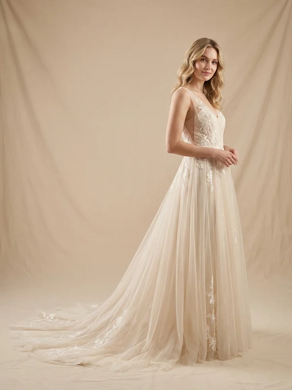 Celestine — Champagne Tulle Long Sleeve Wedding Dress with Cathedral Train - 1