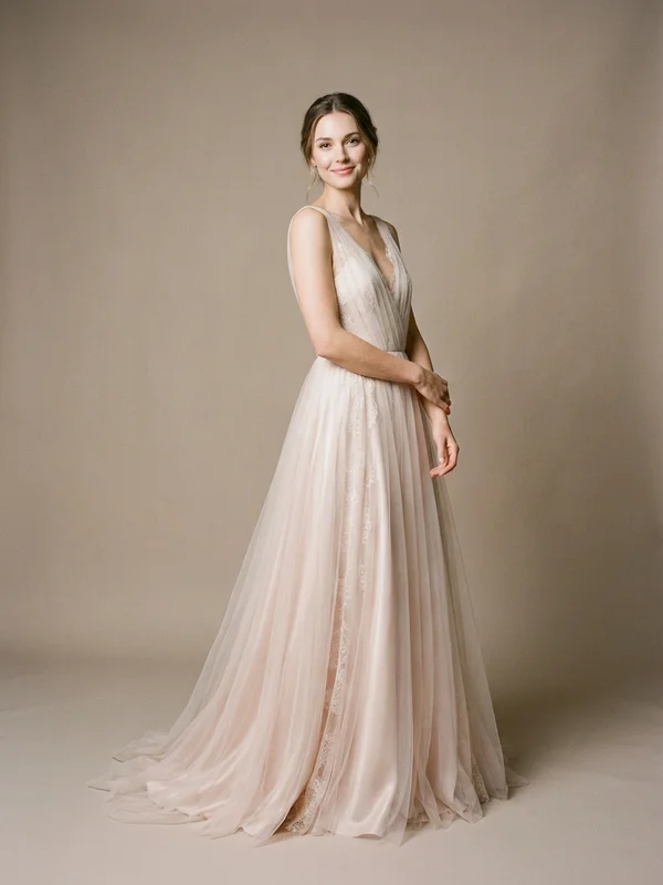 Vivienne — Blush Embroidered Long Sleeve Wedding Dress with Corset Back - 1