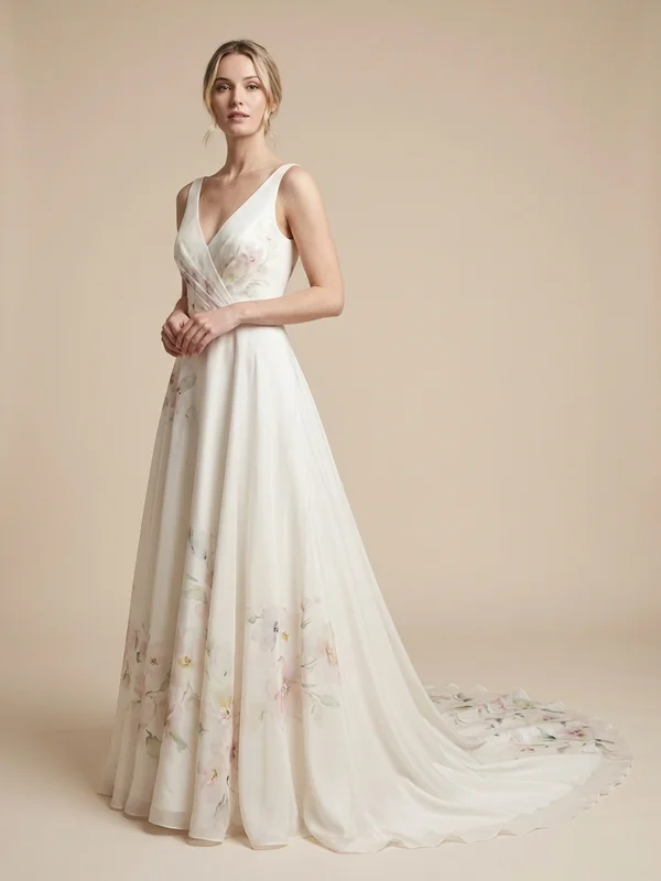 Ophelia — Ivory Hand-Painted Silk Luxury Wedding Dress with Watercolor Train - 1