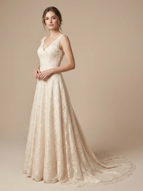 Elara — Champagne Lace Maternity Wedding Dress with Illusion Back - 1