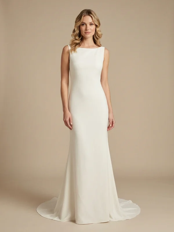 Celestine — Ivory Crepe Modern Wedding Dress with Architectural Neckline - 1
