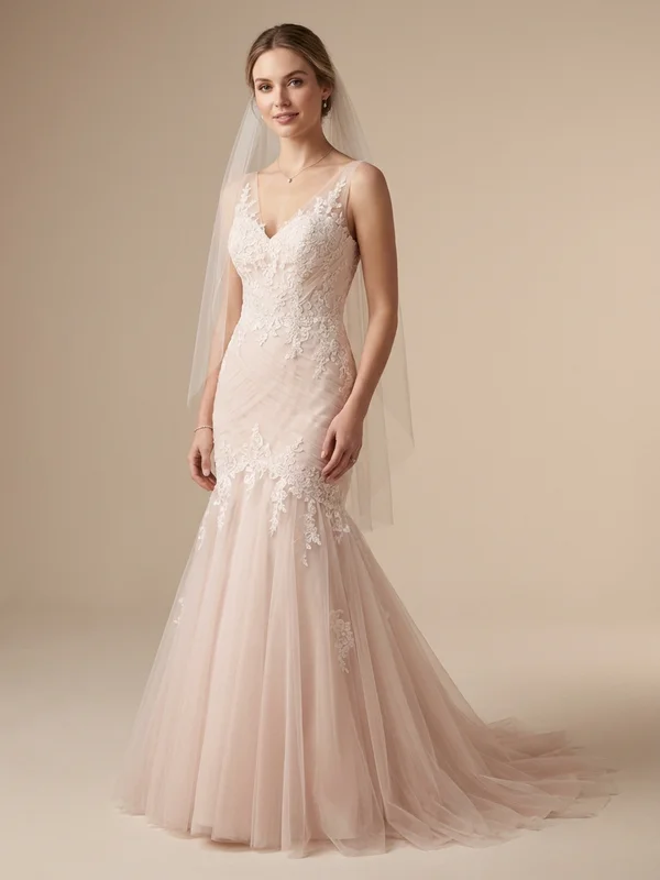 Adrienne — Blush Tulle Mermaid Wedding Gown with Beaded Bodice - 1