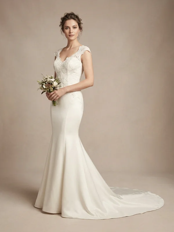 Celestine — Ivory Satin Mermaid Wedding Dress with Illusion Back - 1