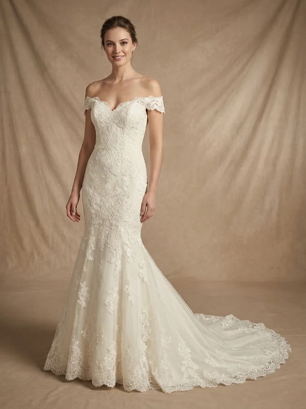 Seraphina — Ivory Lace Mermaid Wedding Dress with Cathedral Train - 1