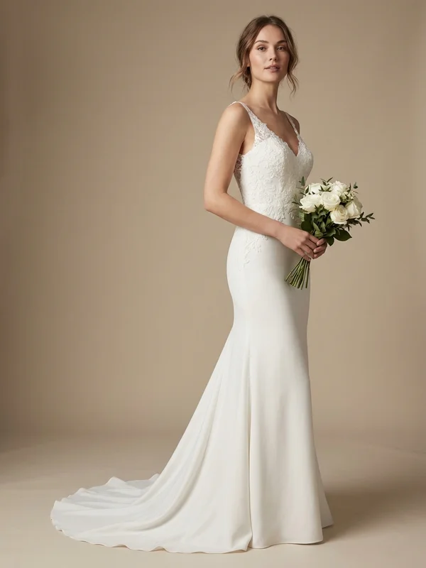 Cassandra — White Crepe Mermaid Wedding Dress with Detachable Train - 1