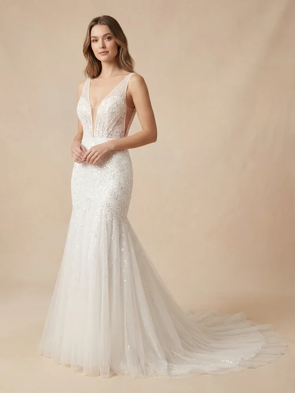 Seraphine — White Sparkle Fit & Flare Wedding Dress with Plunging Neckline - 1