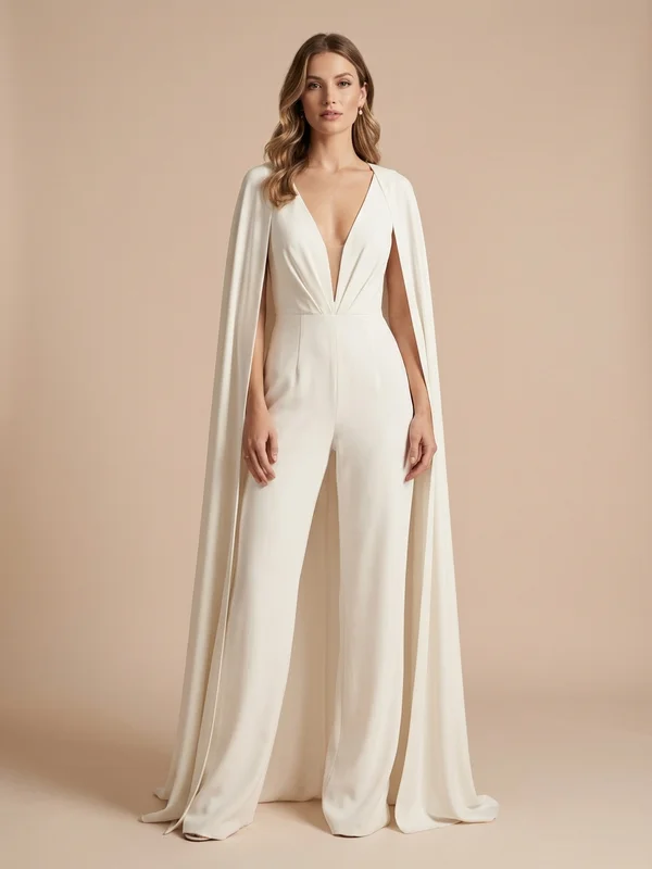 Aurora — Ivory Silk Non-Traditional Bridal Jumpsuit with Cape Detail - 1