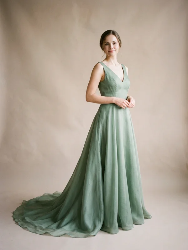 Juniper — Sage Green Organza Non-Traditional Wedding Dress with Floral Embroidery - 1