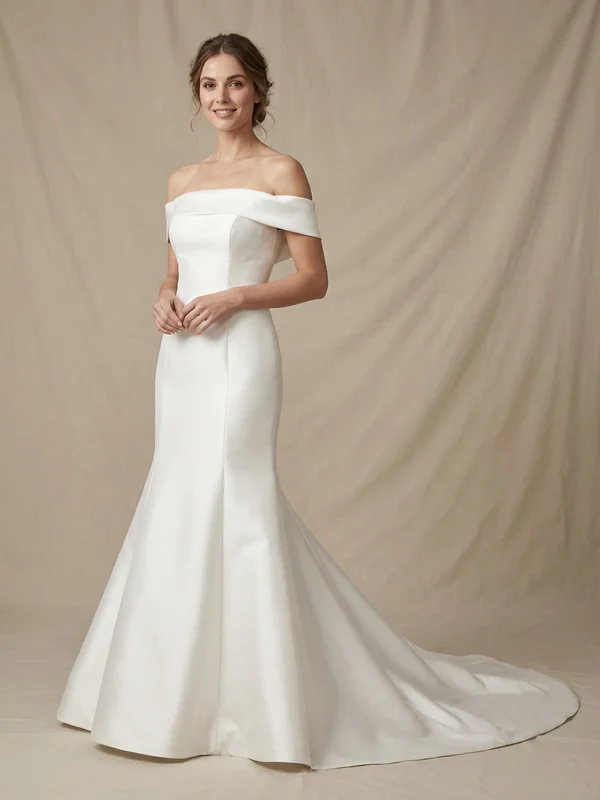 Alessandra — White Satin Off-Shoulder Wedding Dress with Sculpted Neckline - 1