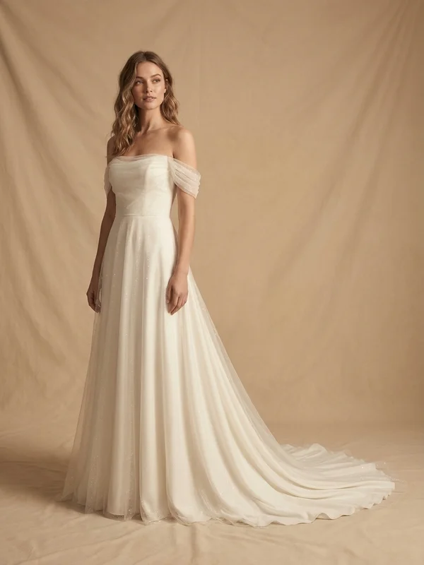 Cordelia — Ivory Sparkle Off-Shoulder Wedding Dress with Crystal Overlay - 1