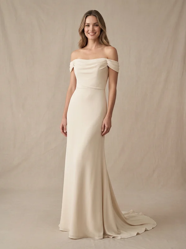 Isadora — Champagne Crepe Off-Shoulder Wedding Dress with Draped Bodice - 1